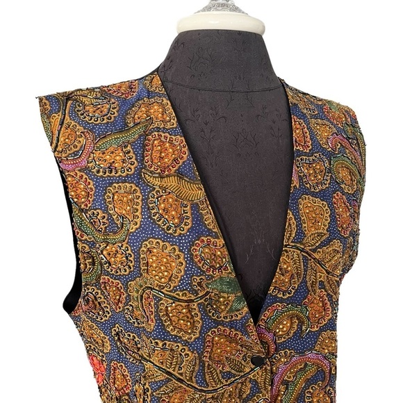 Vintage Match-Ups Cotton Batik Beaded Vest L - Picture 2 of 10